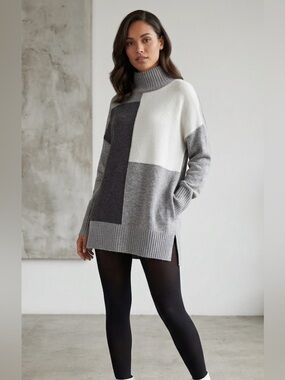 Nado Colorblock Gray Sweater – Size Large | Soft Knit Turtleneck Pullover